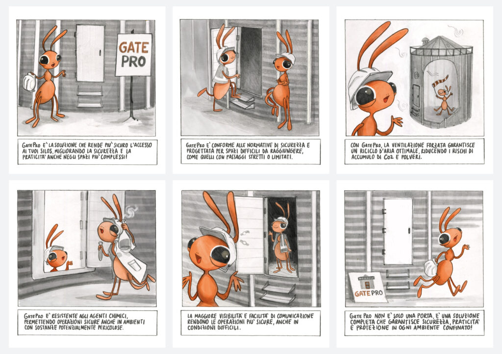 Fumetto ForMix dedicato a GatePro: Formix mostra la porta di sicurezza per l’accesso ai silos, evidenziando ventilazione forzata, resistenza chimica, maggiore visibilità e protezione negli spazi confinati.